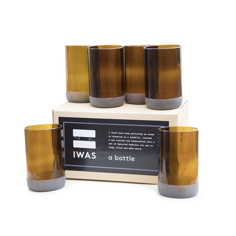 set van 6 drinkglazen in auburn van bierflessen