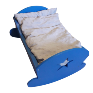 blauw houten schommel poppenbed