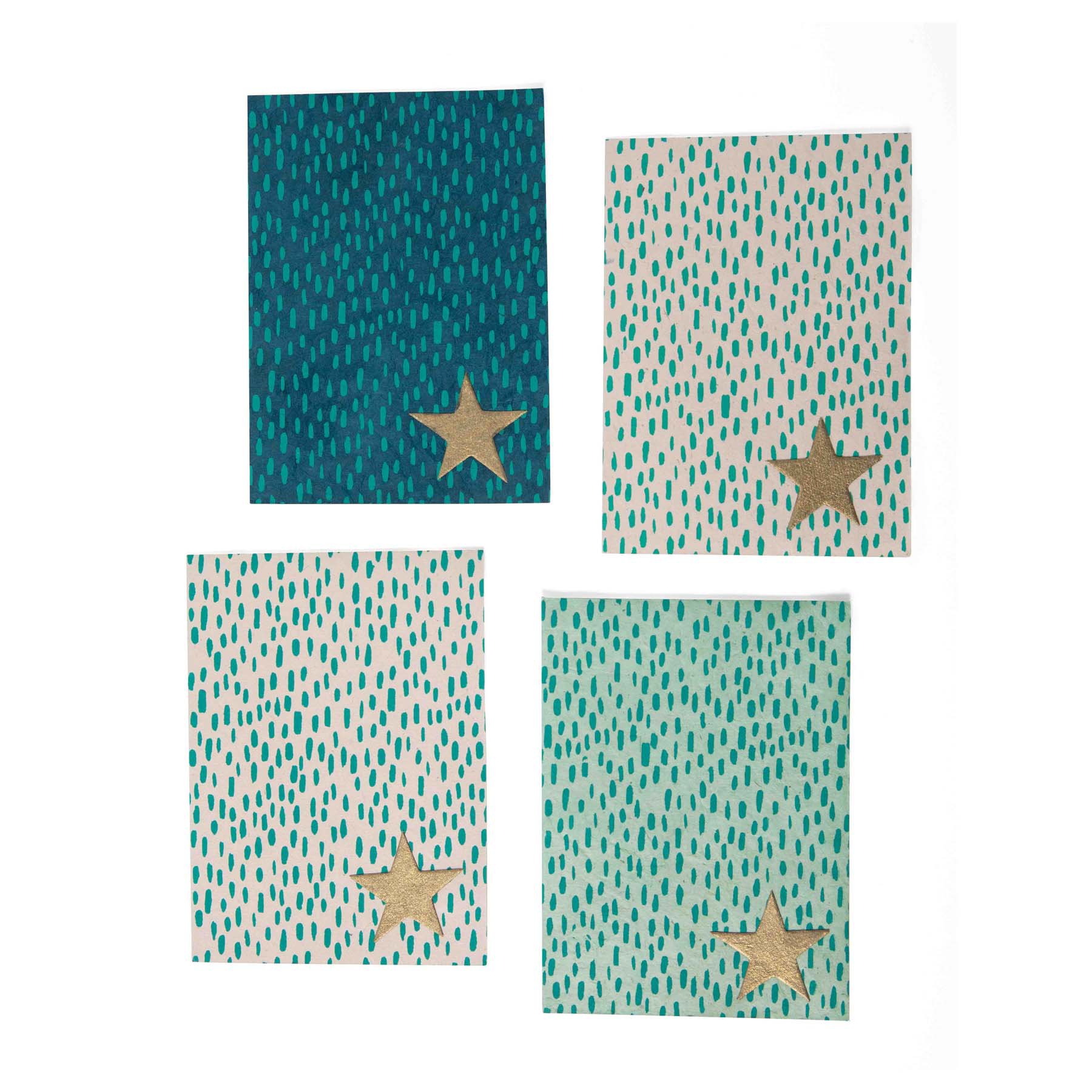 ster set van 4 wenskaarten in groen en blauw met gouden ster