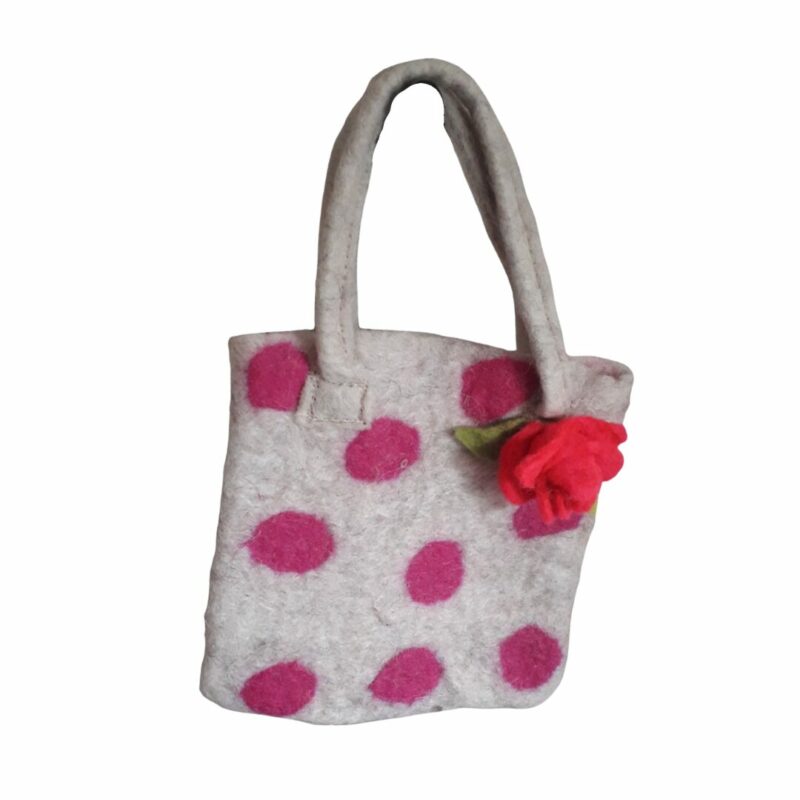 grijs handgevilt kindertasje met roze stippen en roos