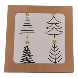 kraftdoosje met 1o kerskaarten met kerstbomen - zeefdrukken en borduren